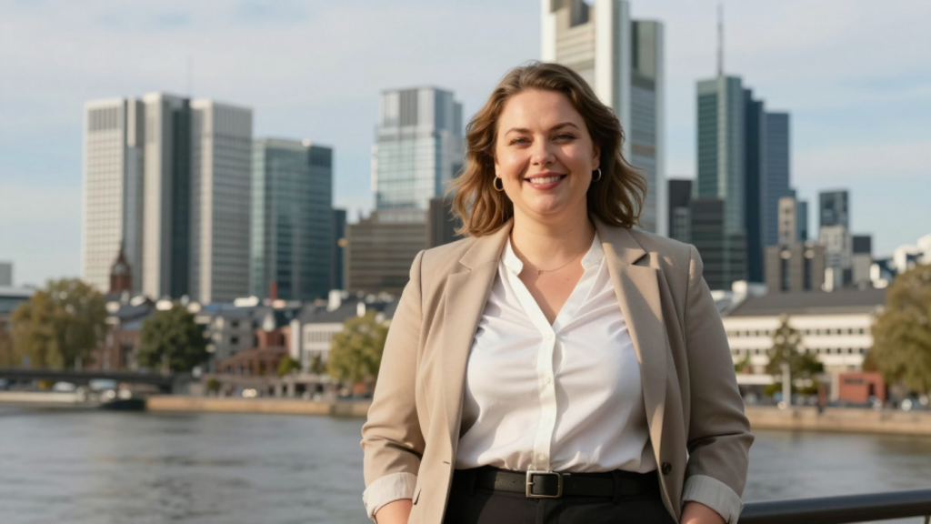 Mollige Frau in Frankfurt mit Skyline