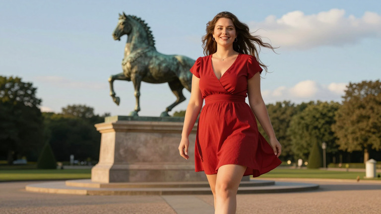 Selbstbewusste kurvige Frau in Kassel vor dem Bergpark Wilhelmshöhe