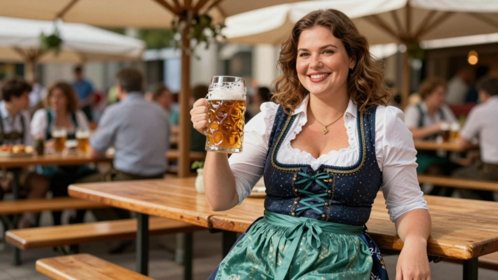 Mollige Frau im Biergarten in München